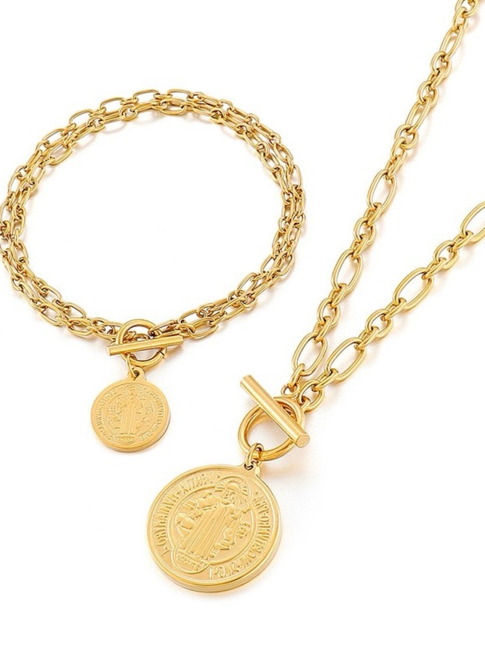 Gold Saint Benedict Charm Necklace and Bracelet Set - Women Jewelry